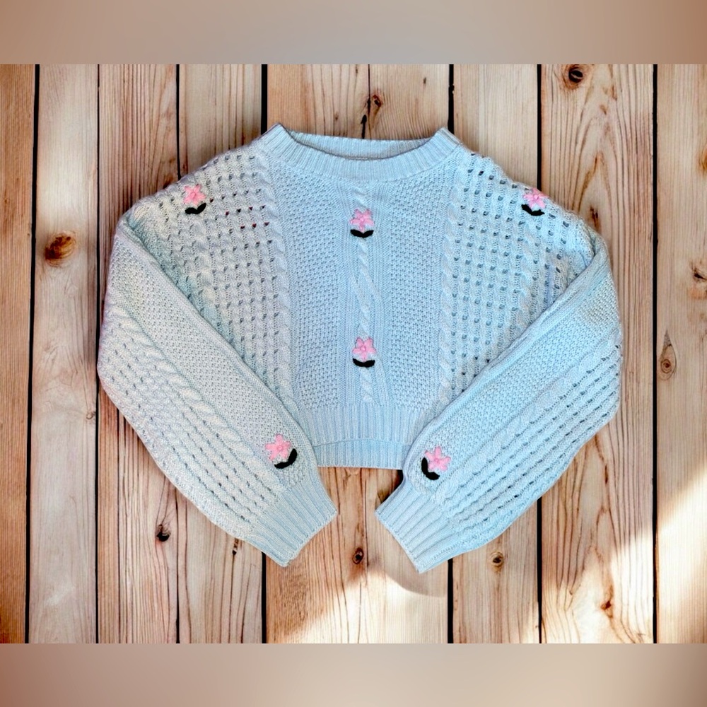 Precious cottagecore blue chunky knit crop sweater
